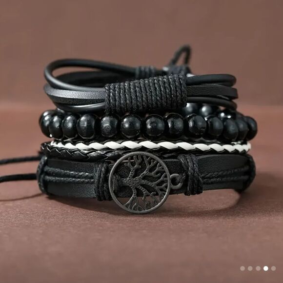 4pc leather bracelets set layered braided beaded black new tree of life e67 - Picture 2 of 2